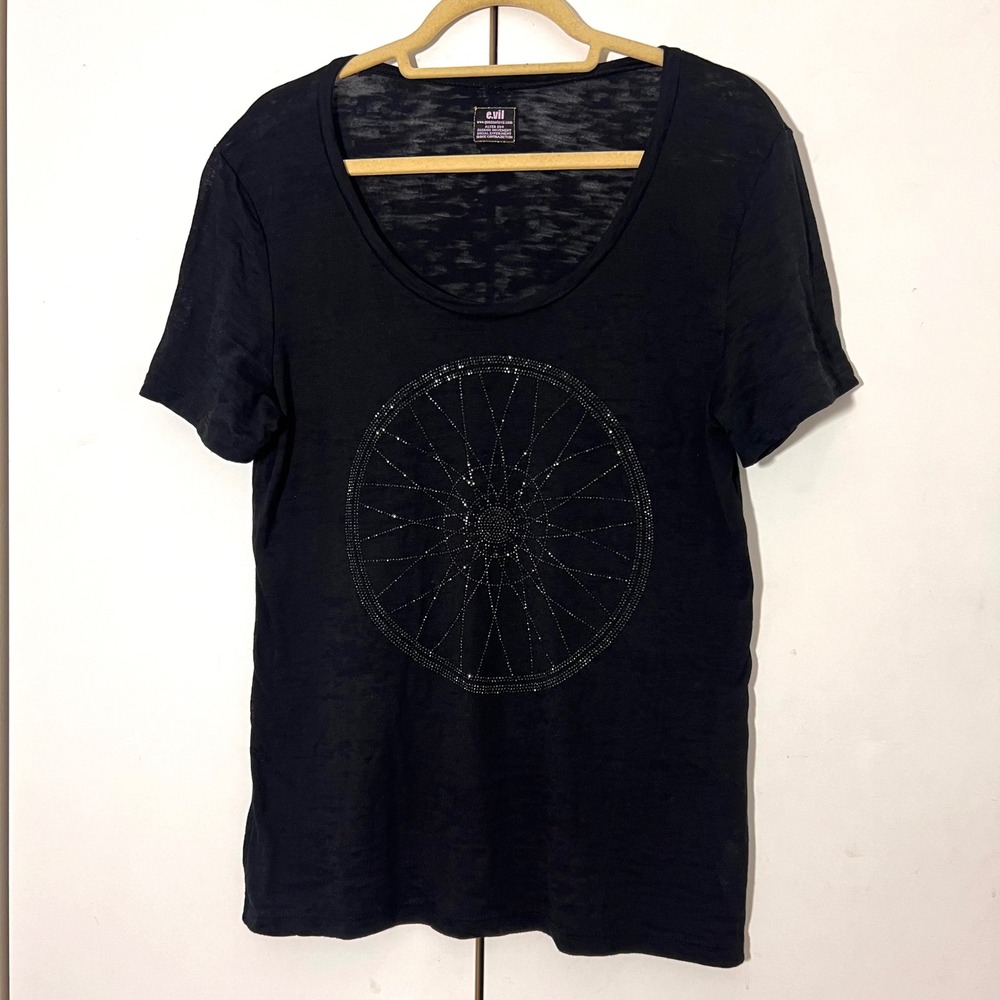 e.vil Burnout T-Shirt Womens M Black Rhinestone Short Sleeve Dream Catcher